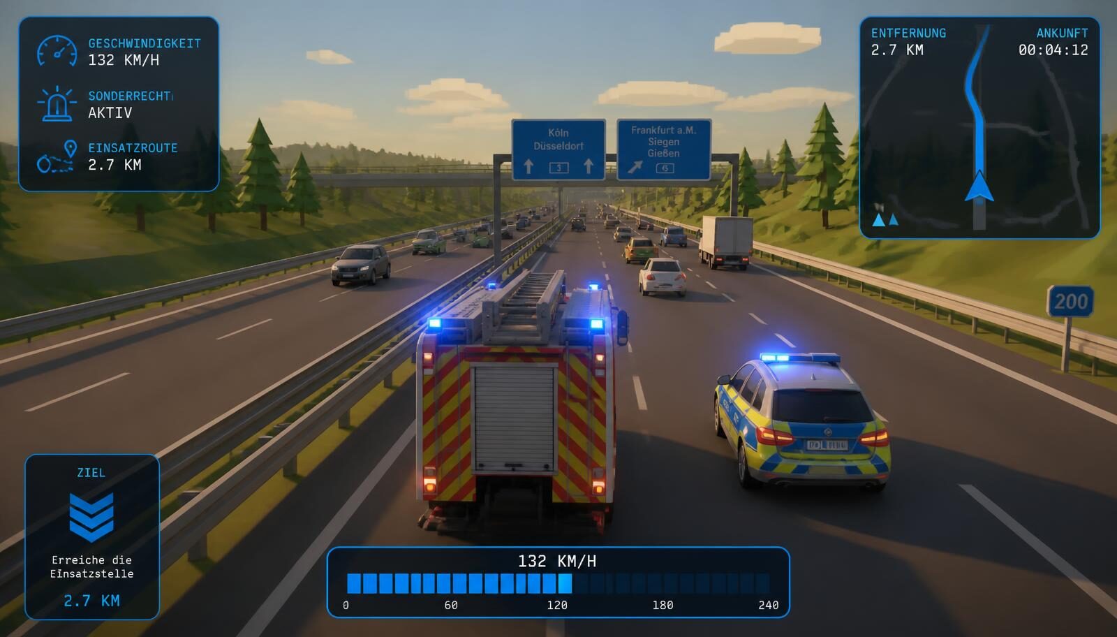 Screenshot aus der Simulationssoftware: Autobahnszenario bei Regen mit Geschwindigkeits- und Telemetrieanzeige