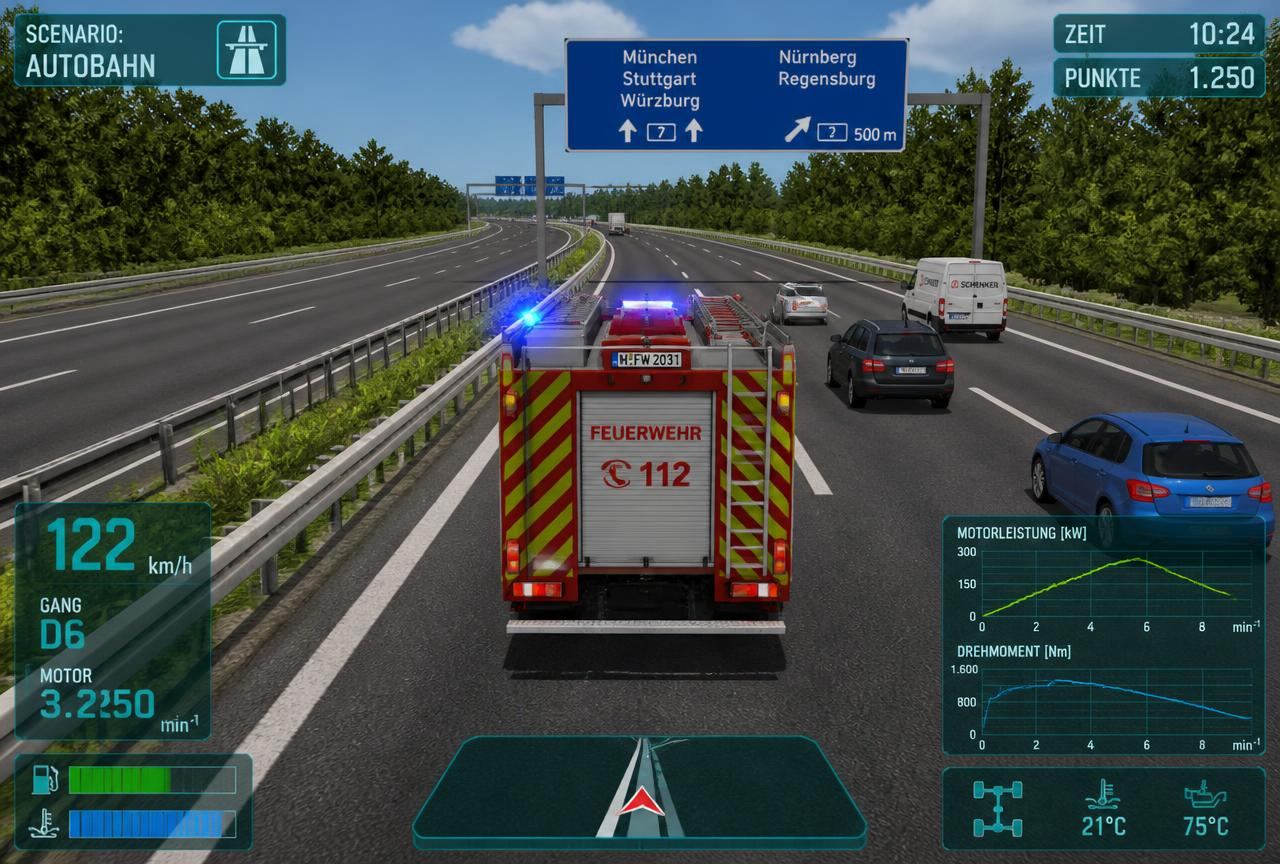 Screenshot aus der Simulationssoftware: Autobahnszenario bei Regen mit Geschwindigkeits- und Telemetrieanzeige