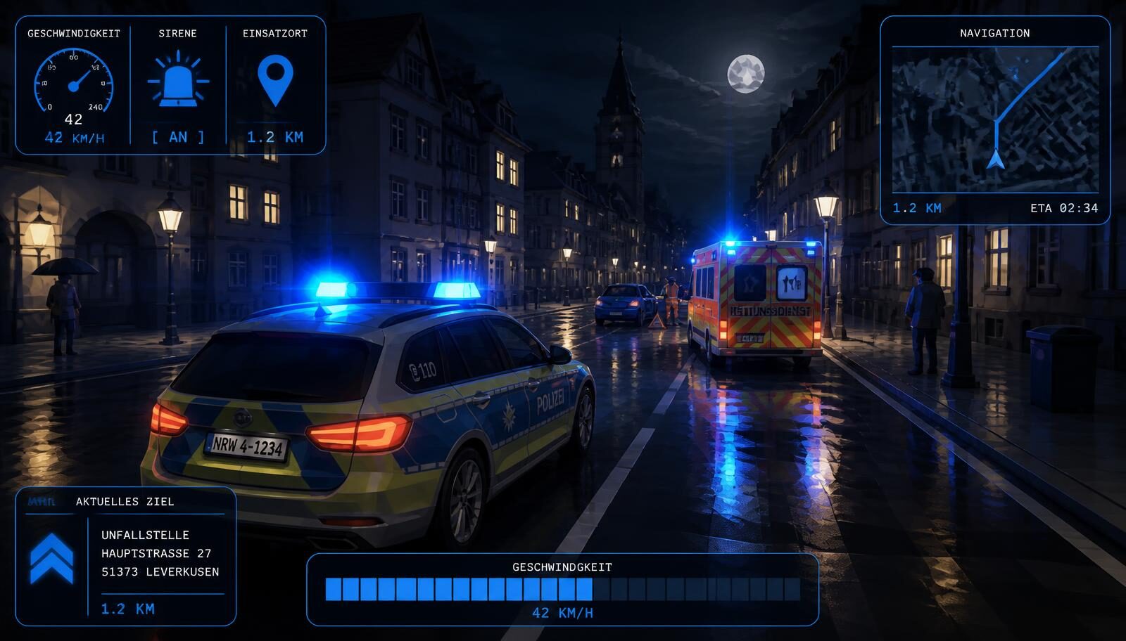 Screenshot aus der Simulationssoftware: Nacht- und Nebelszenario mit Fahrzeugdaten und Minimap