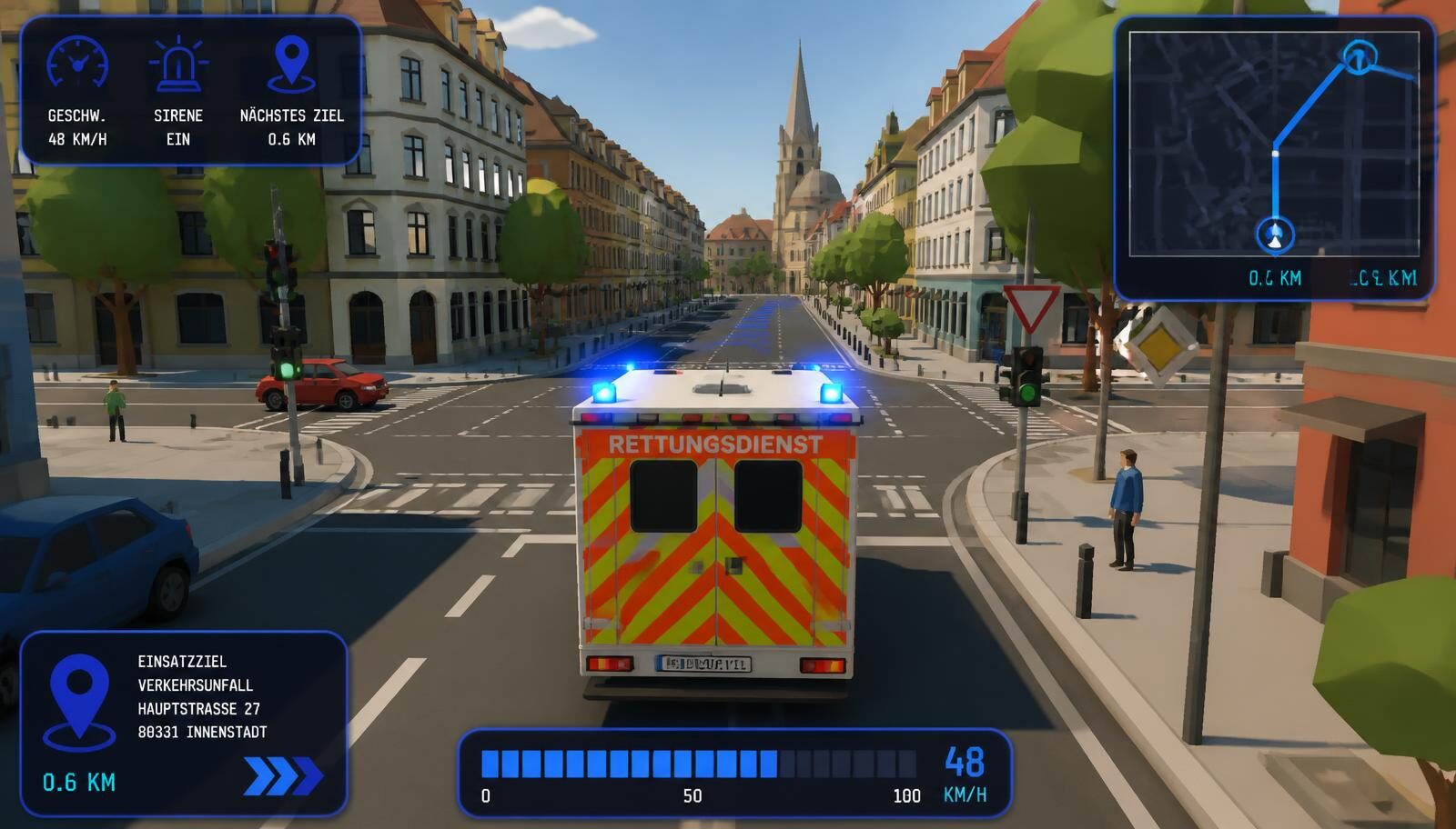 Screenshot aus der Simulationssoftware: Rettungswagen im Innenstadtszenario mit HUD-Telemetrie