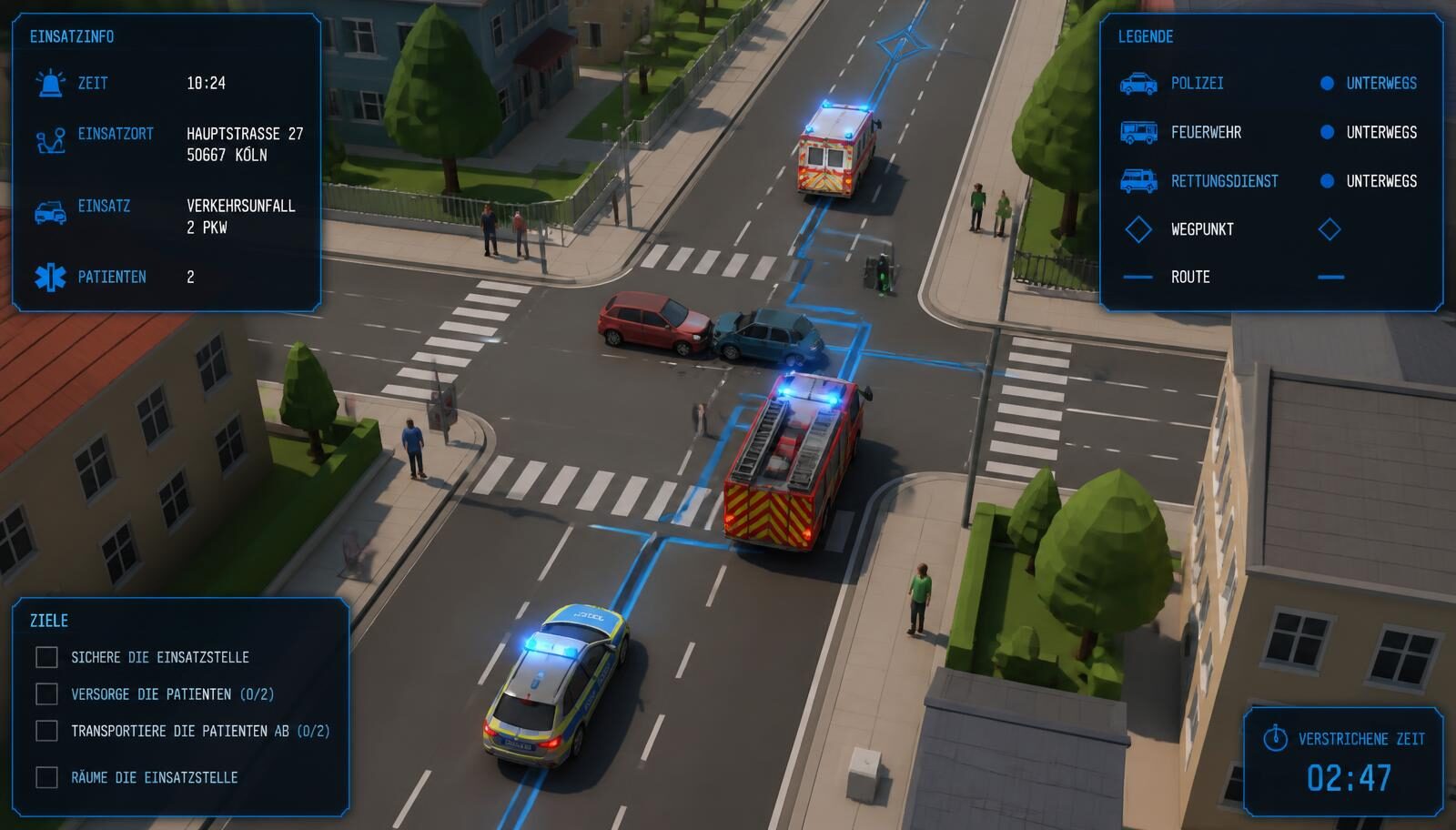 Draufsicht aus der Simulationssoftware: deutsche Polizei-, Feuerwehr- und Rettungsfahrzeuge fahren mit Blaulicht zu einem Verkehrsunfall mit zwei beschädigten Pkw an einer Kreuzung